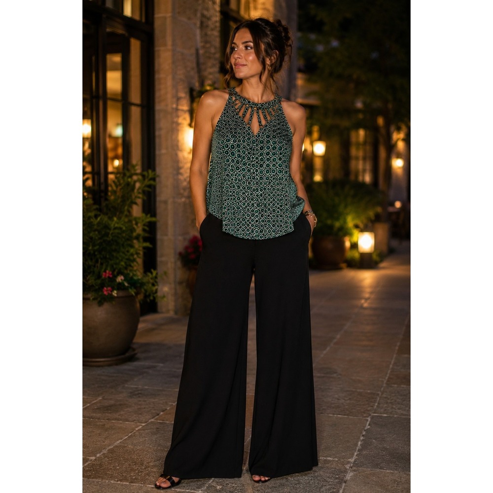 White House Black Market XS Green Geometric Strappy Cutout Sleeveless Top